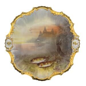 Limoges Porcelain Fish Plates Set of 6 Hand Painted LRL 9.5”